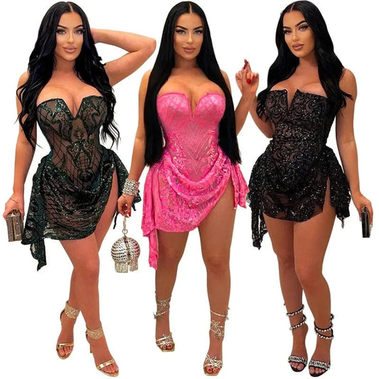 2024 elegant women pink sexy see through tight sheer mesh layer black sequin strapless nighty club wear mini dress for women
