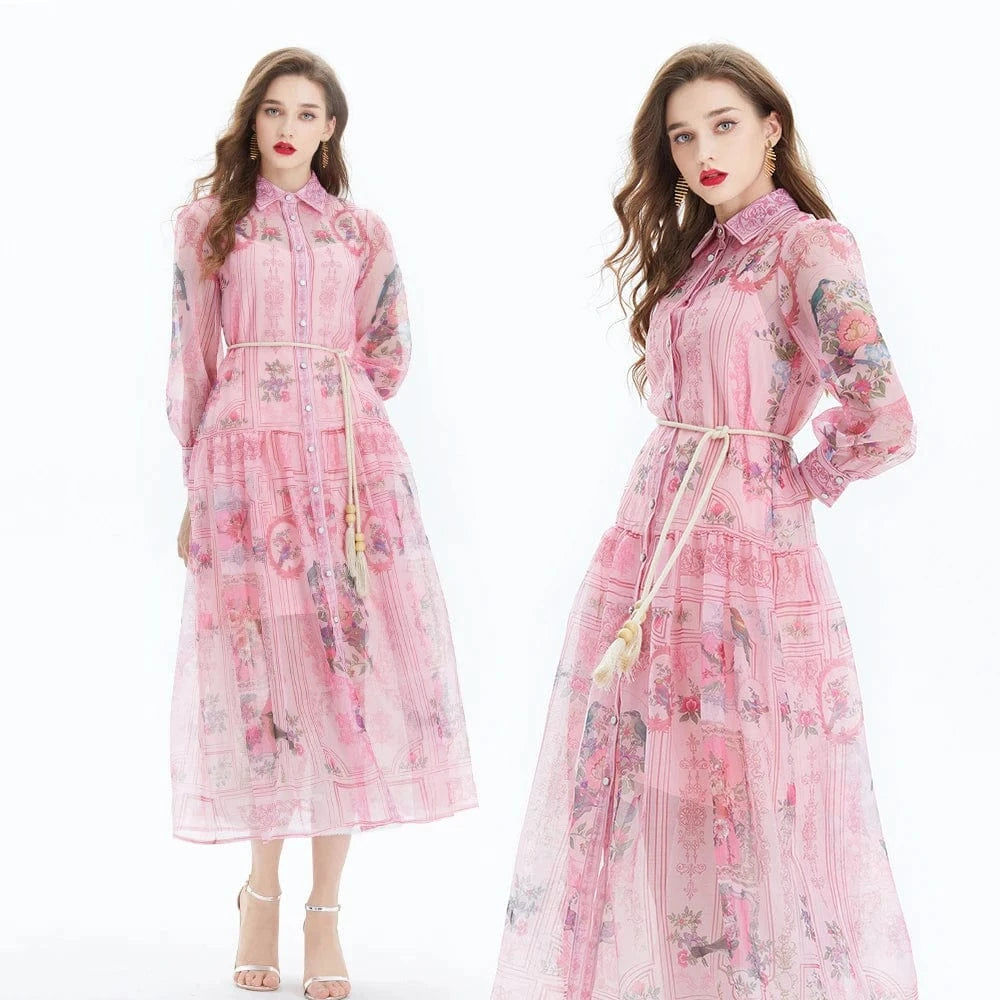 2024 Ethnic Style Retro Style Shirt Collar Lover Silk Print Waist Collection - Two Piece Set XY2029085