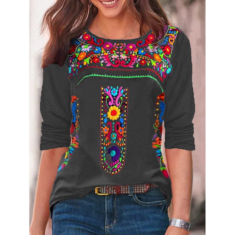 2024 Europe and the United States spring and summer new women's top Bohemian print V-neck long sleeve T-shirt woman