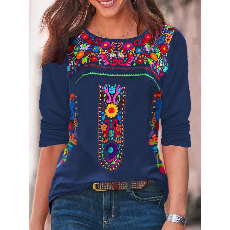 2024 Europe and the United States spring and summer new women's top Bohemian print V-neck long sleeve T-shirt woman