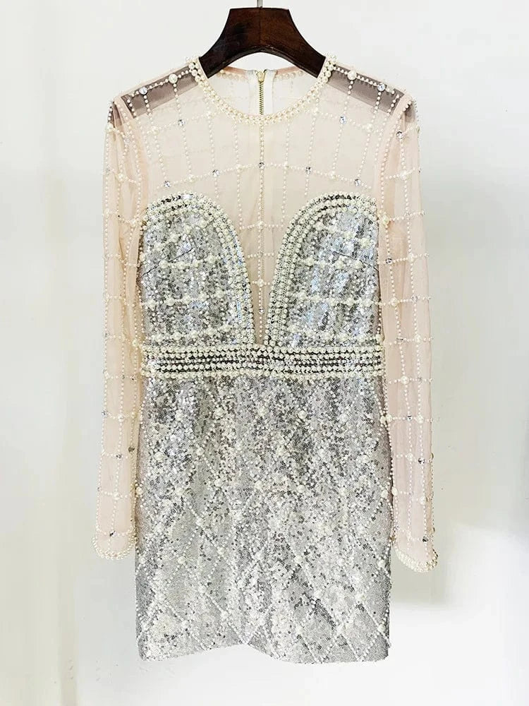 2024 Europe Style Fine Workmanship Beading Long Sleeve Round Neckline Women Sexy See-through Gauze Patchwork Mini Dress