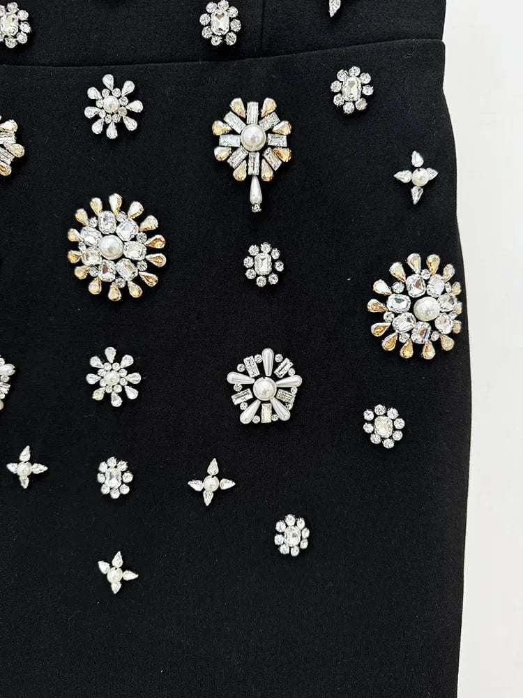 2024 Europe Style Lady Black Vintage Wear Women Fine Workmanship Rhinestone Beading Sleeveless Slim Fitted Slip Long Dress