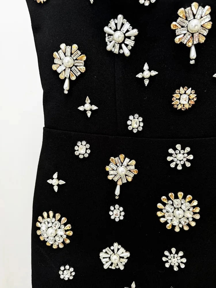 2024 Europe Style Lady Black Vintage Wear Women Fine Workmanship Rhinestone Beading Sleeveless Slim Fitted Slip Long Dress