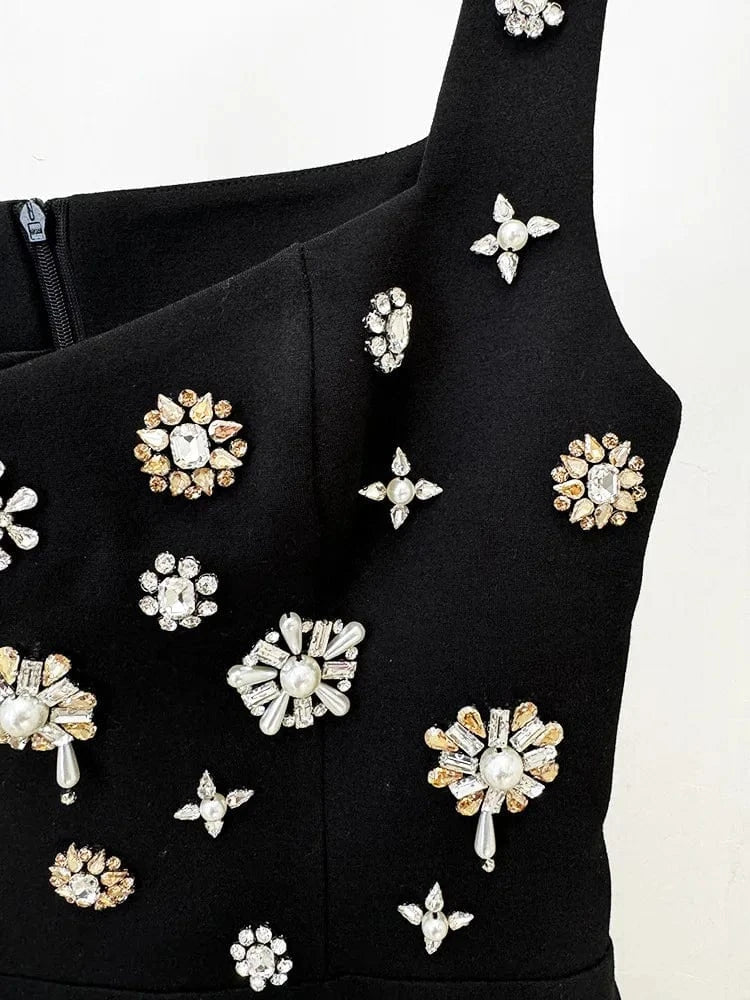 2024 Europe Style Lady Black Vintage Wear Women Fine Workmanship Rhinestone Beading Sleeveless Slim Fitted Slip Long Dress