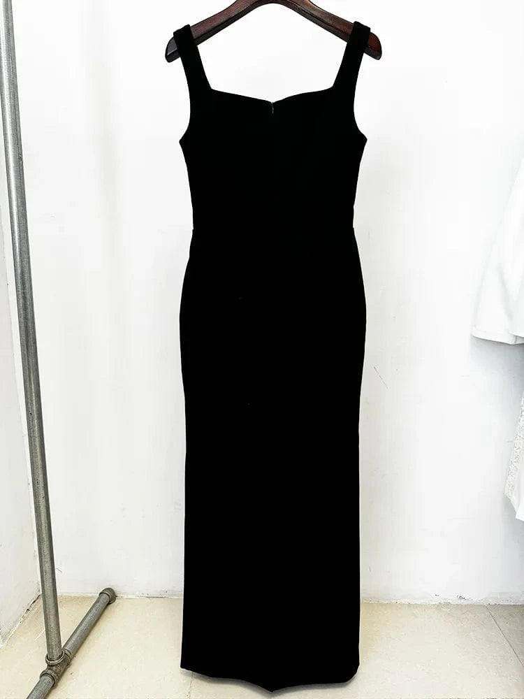2024 Europe Style Lady Black Vintage Wear Women Fine Workmanship Rhinestone Beading Sleeveless Slim Fitted Slip Long Dress