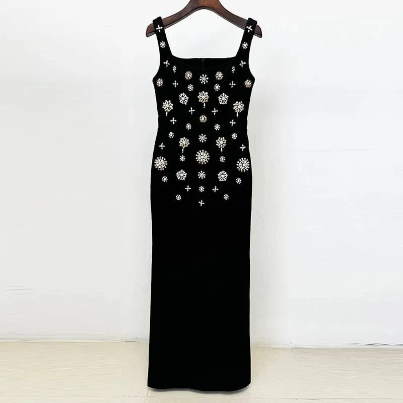 2024 Europe Style Lady Black Vintage Wear Women Fine Workmanship Rhinestone Beading Sleeveless Slim Fitted Slip Long Dress
