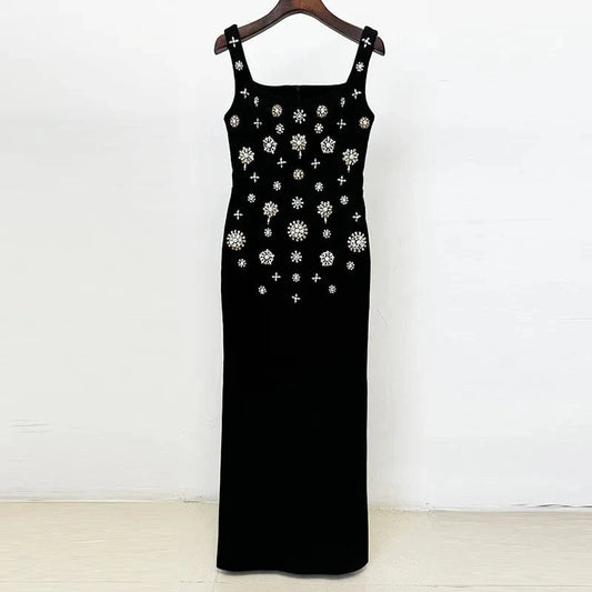 2024 Europe Style Lady Black Vintage Wear Women Fine Workmanship Rhinestone Beading Sleeveless Slim Fitted Slip Long Dress