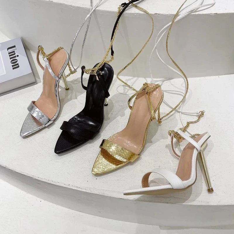 2024 European and American metal high-heeled metal chain Roman strappy pointed toe stiletto sandals