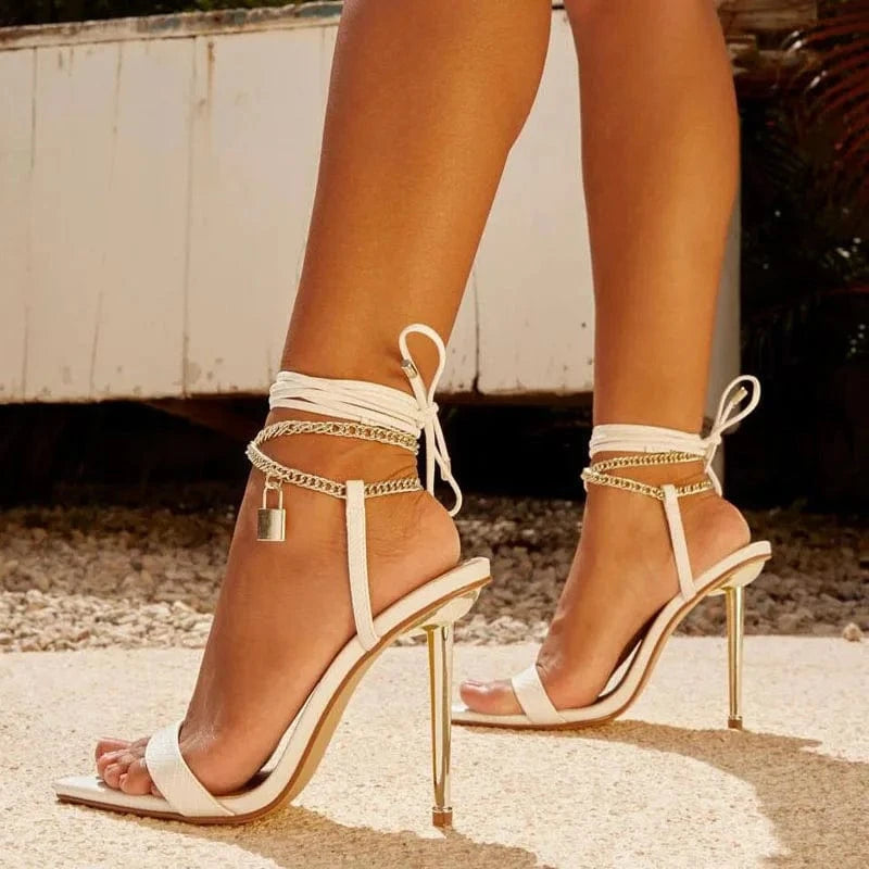 2024 European and American metal high-heeled metal chain Roman strappy pointed toe stiletto sandals