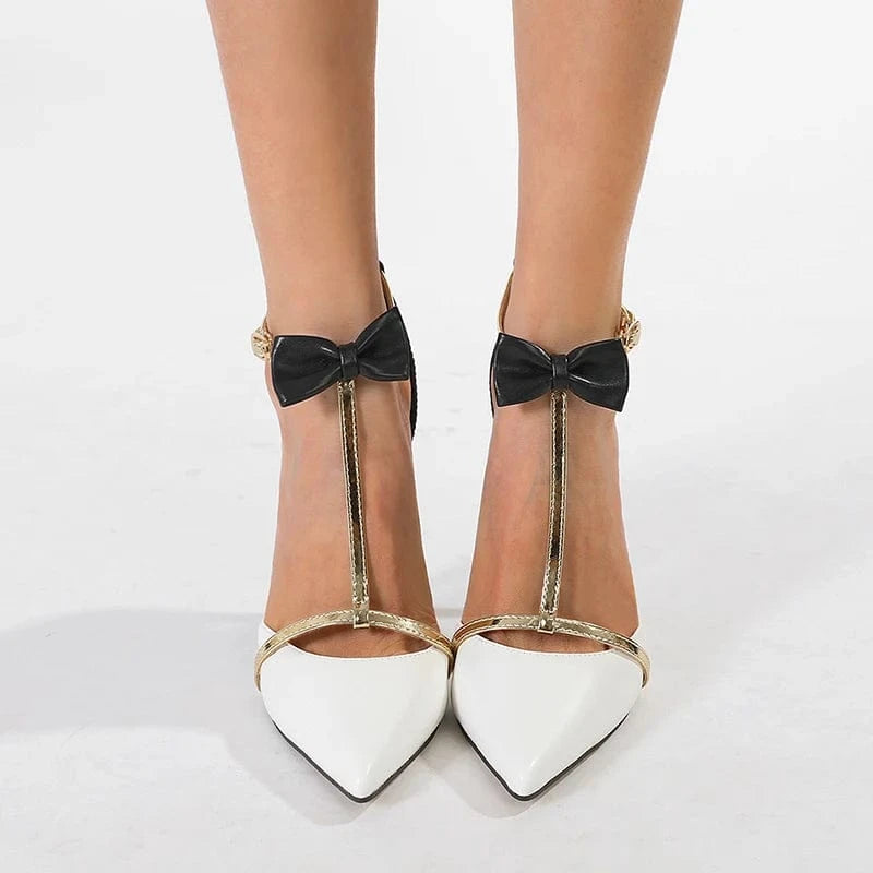 2024 European and American new T-Band mix colours bow, pointed stiletto high-heeled shoes banquet shoes