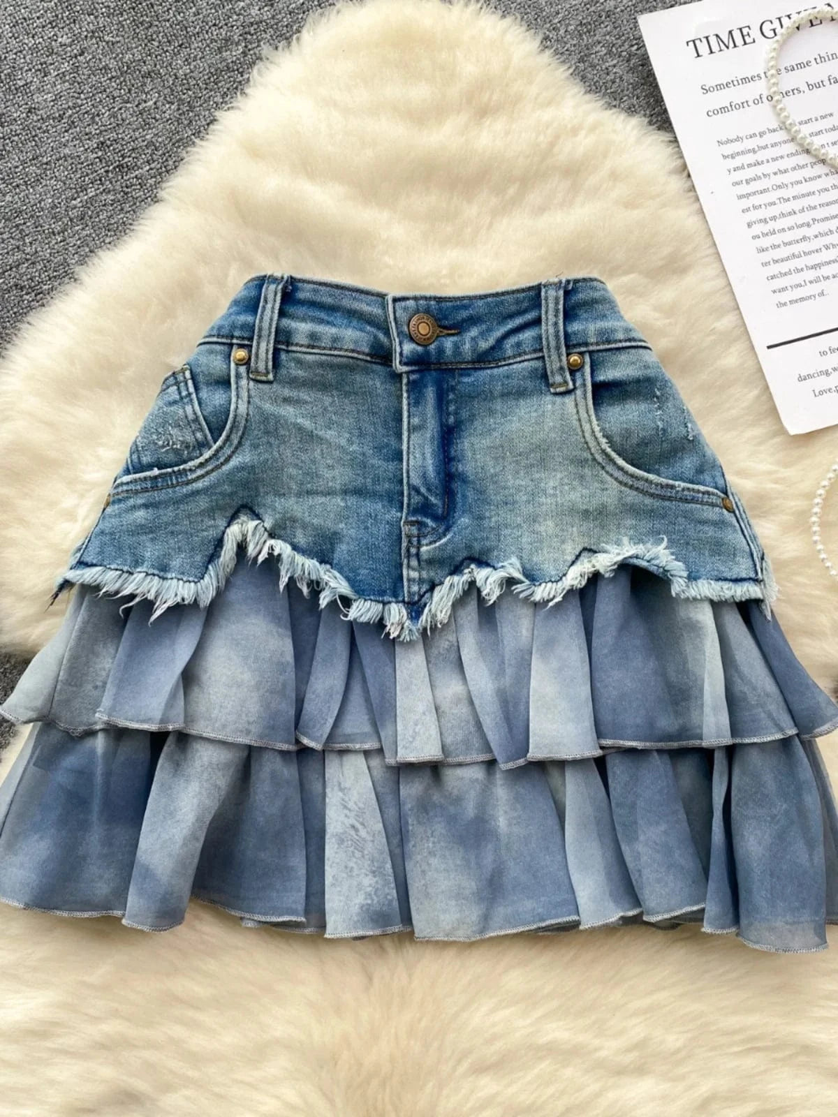 2024 European and American style design chiffon ruffle edge patchwork denim skirt, women mini skirt