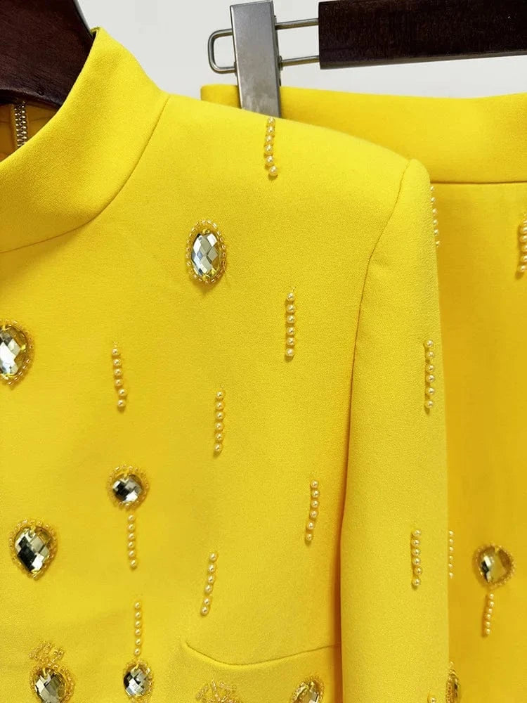 2024 European Style Lady Office Work Suit Fine Workmanship Beading Rhinestone Turtleneck Tops Pencil Long Skirt Women 2Pcs