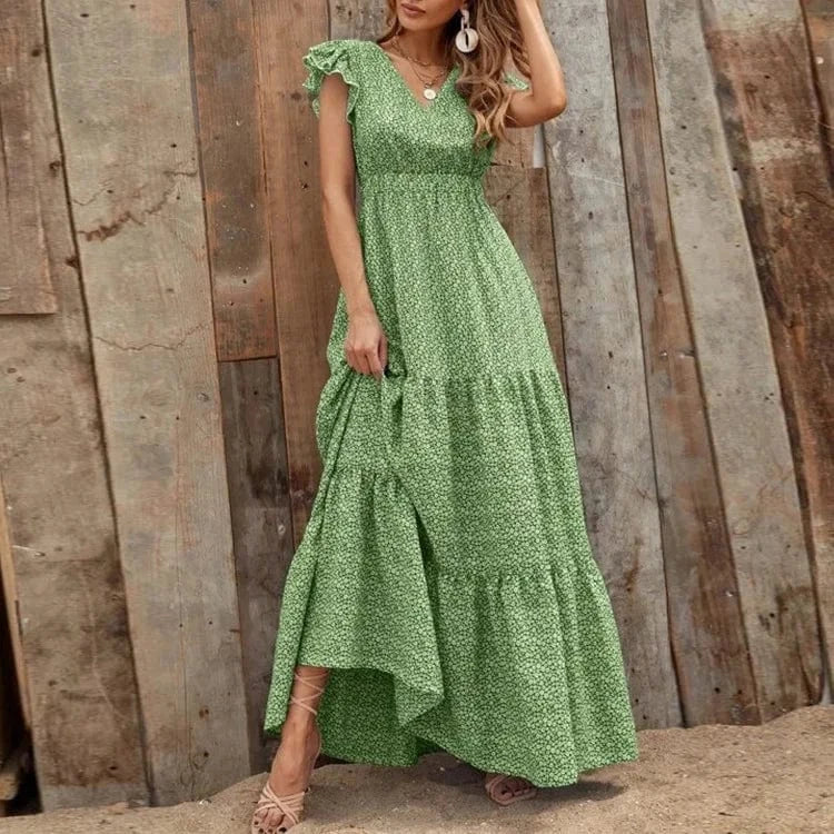 2024 European Summer High Waist Solid Color Short Floral Sleeve Long Loose Dress Print Puffy Skirt Casual Dress