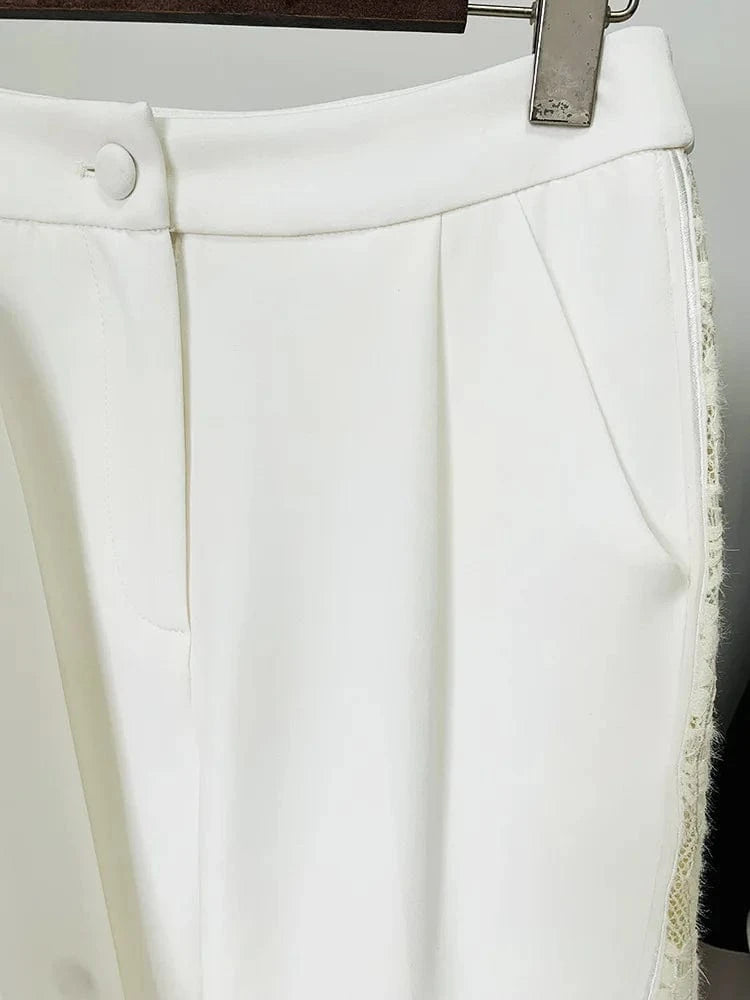 2024 European Vintage Style Lace Patchwork Lady Suit O-neckline Flared Long Sleeve Tops Loose Pants Women Fashion 2Pcs