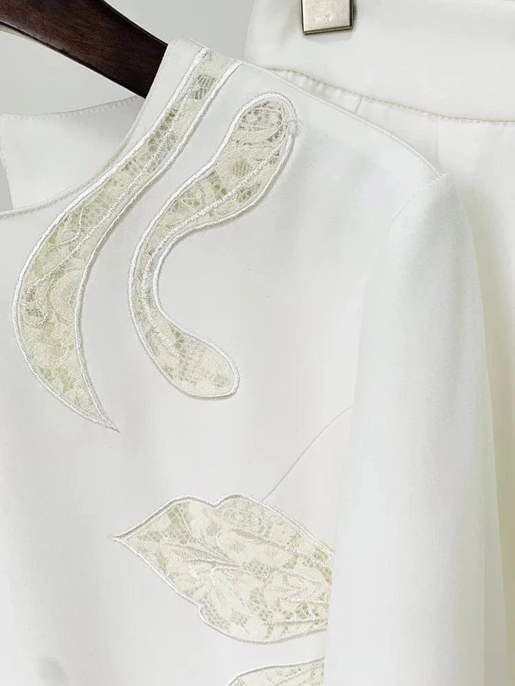 2024 European Vintage Style Lace Patchwork Lady Suit O-neckline Flared Long Sleeve Tops Loose Pants Women Fashion 2Pcs