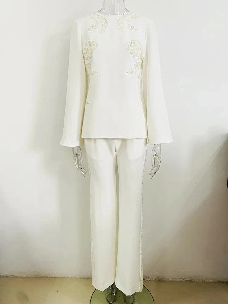 2024 European Vintage Style Lace Patchwork Lady Suit O-neckline Flared Long Sleeve Tops Loose Pants Women Fashion 2Pcs