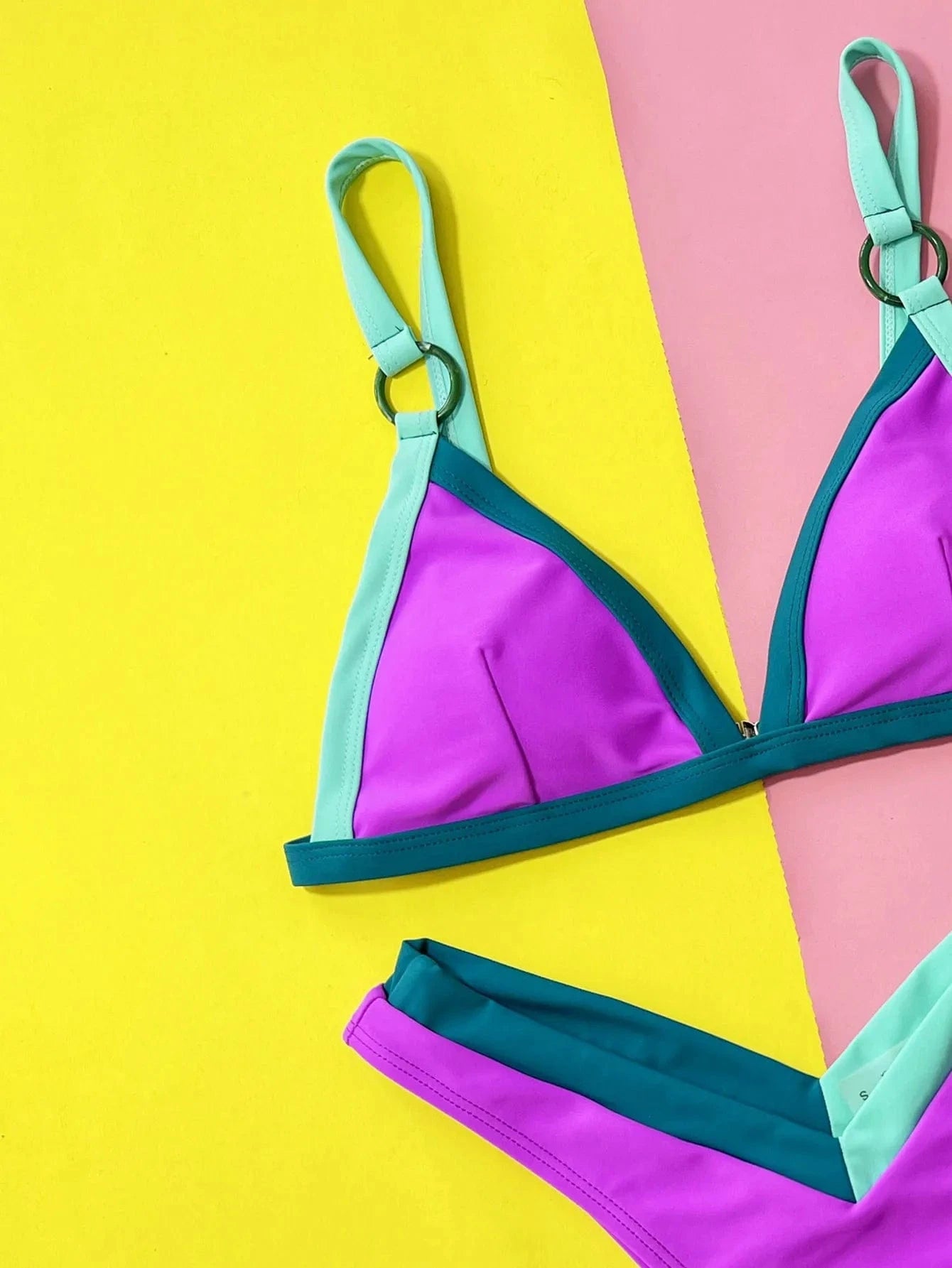 2024 factory designer colorful contrast color two piece high waist bathing suit patchwork bikini set women custom mini swimwear