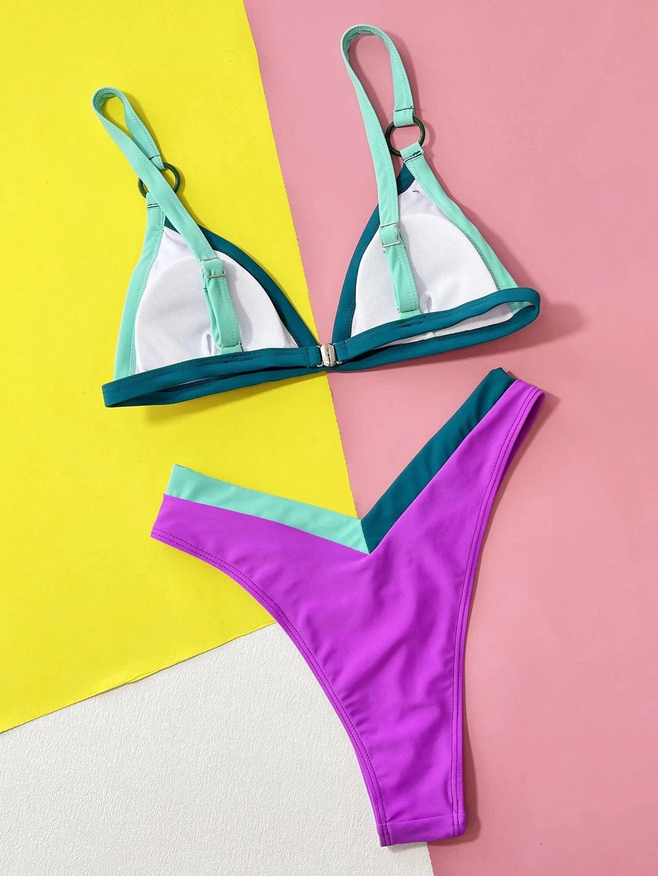 2024 factory designer colorful contrast color two piece high waist bathing suit patchwork bikini set women custom mini swimwear