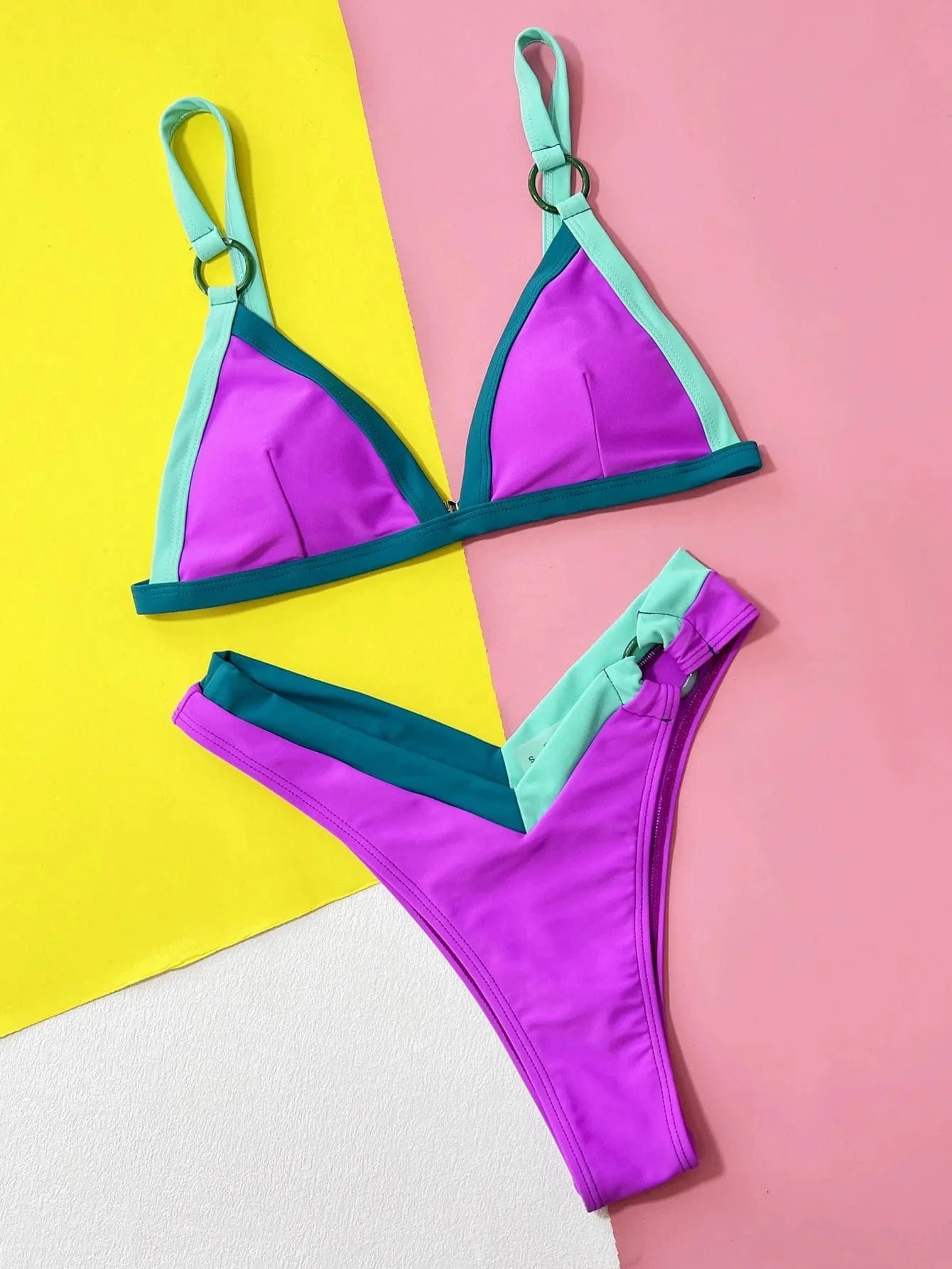 2024 factory designer colorful contrast color two piece high waist bathing suit patchwork bikini set women custom mini swimwear