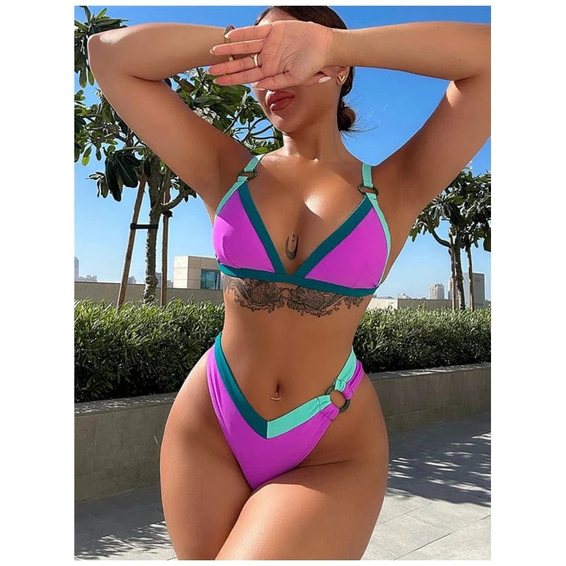 2024 factory designer colorful contrast color two piece high waist bathing suit patchwork bikini set women custom mini swimwear