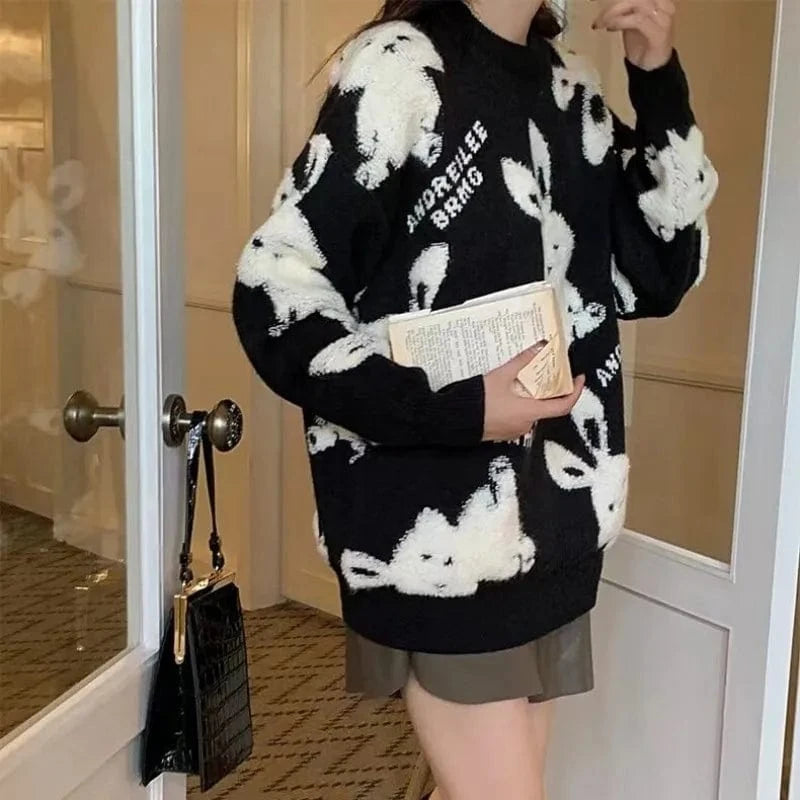 2024 Fall Fashion ladies high quality best-selling crew-neck long sleeve cartoon cute rabbit print knitted Christmas sweater