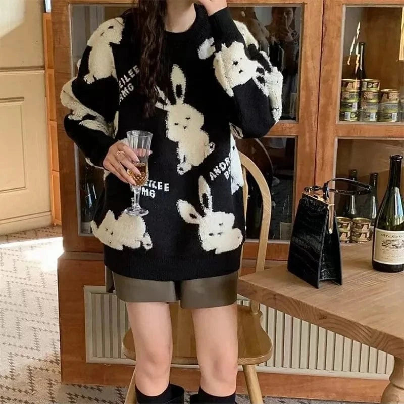 2024 Fall Fashion ladies high quality best-selling crew-neck long sleeve cartoon cute rabbit print knitted Christmas sweater