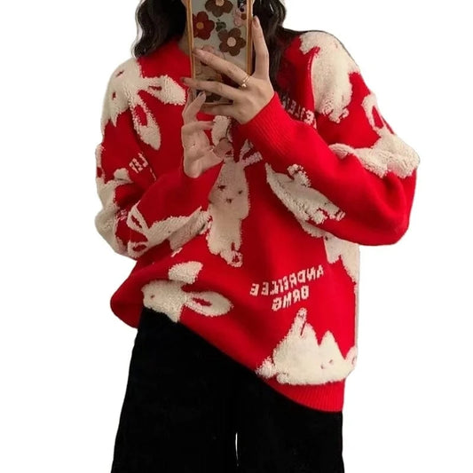 2024 Fall Fashion ladies high quality best-selling crew-neck long sleeve cartoon cute rabbit print knitted Christmas sweater