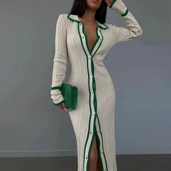 2024 Fall Fashion Patchwork Button Cardigan Dress Long Sleeve Casual Dress Women Turndown Collar Long Dress