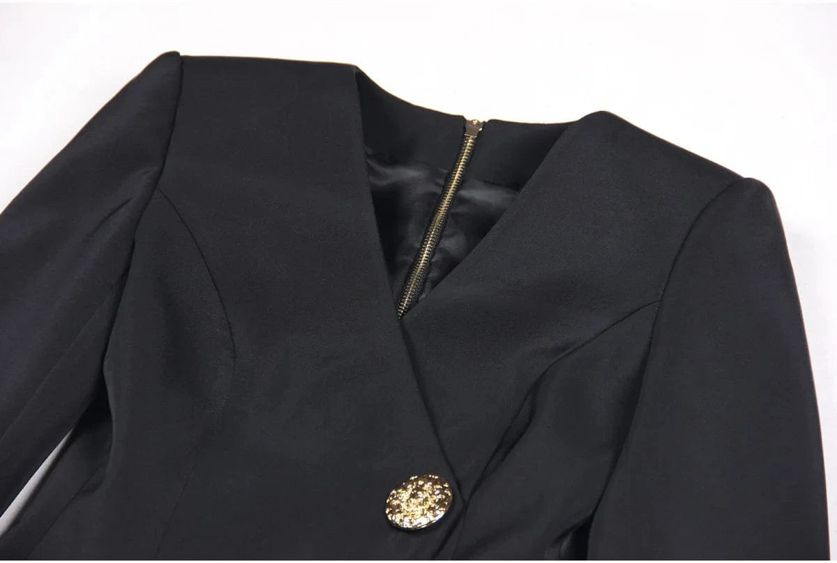 2024 Fall Winter Sexy V-neckline Single-breasted Long Sleeve Women Office Blazer Short Mini Slim Black Dress