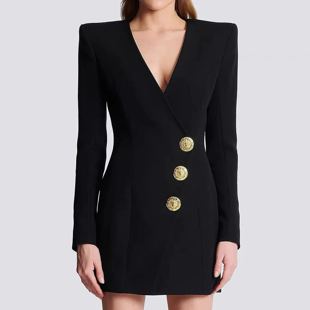 2024 Fall Winter Sexy V-neckline Single-breasted Long Sleeve Women Office Blazer Short Mini Slim Black Dress