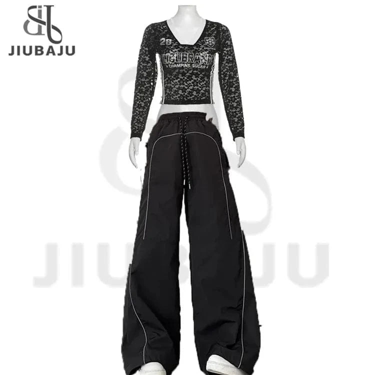 2024 Fall Women 2 Piece Set Long Sleeve Number Lace Crop Tops + Loose Pants Suit