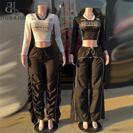 2024 Fall Women 2 Piece Set Long Sleeve Number Lace Crop Tops + Loose Pants Suit