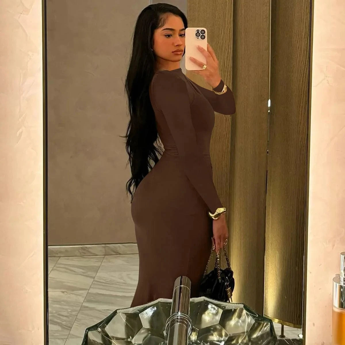 2024 Fall Women's New Mermaid Dress Fashion Elegant Slim Pleated Round Neck Long Sleeve Maxi Dress Women's Clothing
