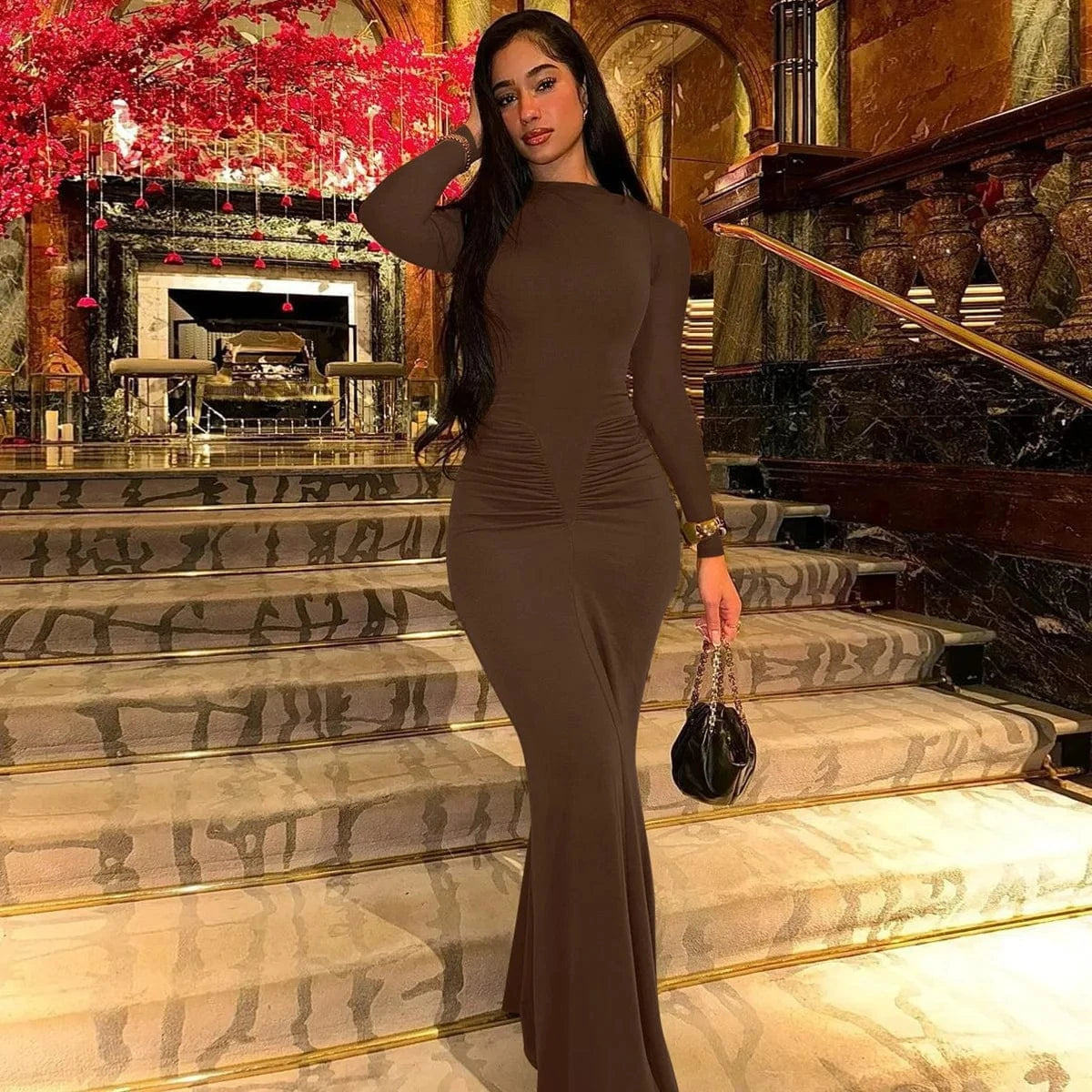 2024 Fall Women's New Mermaid Dress Fashion Elegant Slim Pleated Round Neck Long Sleeve Maxi Dress Women's Clothing