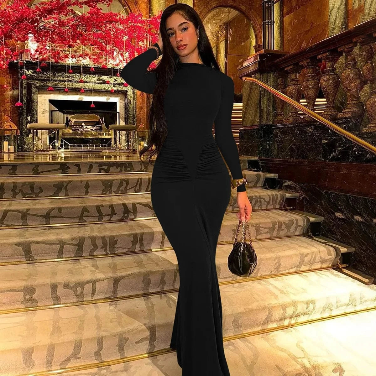 2024 Fall Women's New Mermaid Dress Fashion Elegant Slim Pleated Round Neck Long Sleeve Maxi Dress Women's Clothing