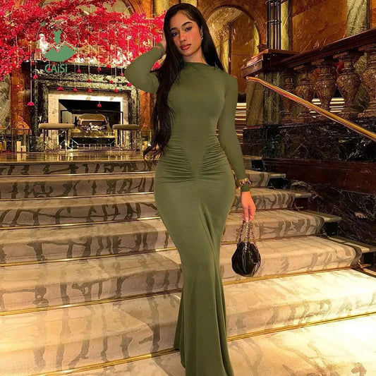 2024 Fall Women's New Mermaid Dress Fashion Elegant Slim Pleated Round Neck Long Sleeve Maxi Dress Women's Clothing