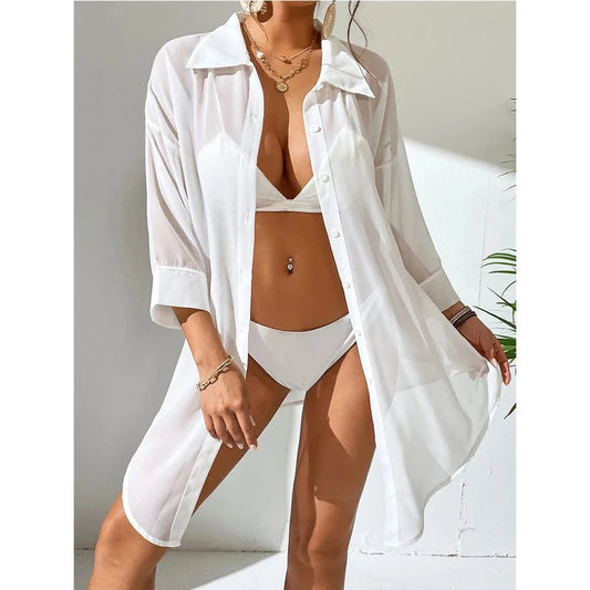2024 Fashion Long Tshirt White Chiffon Sarongs Button Bikini Cover Up Ladies Solid Swimwear Bathing Beach Cover Ups for women