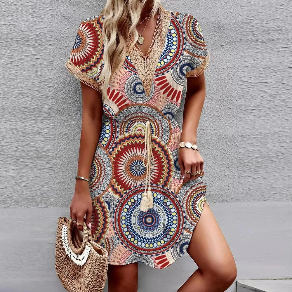 2024 Fashion New Spring and Summer Elegant Printed Short-sleeved Lace V-neck Waist-tight Big Swing Dress
