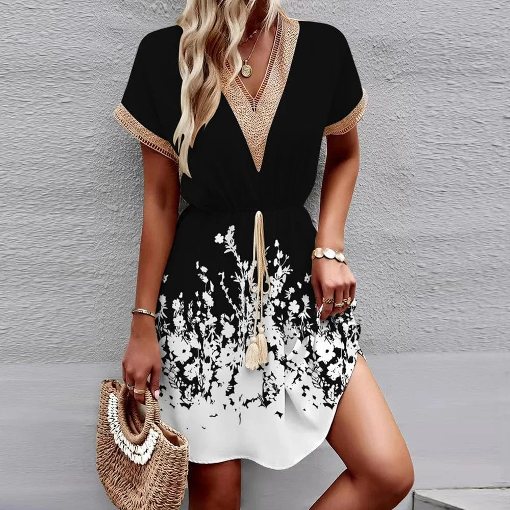 2024 Fashion New Spring and Summer Elegant Printed Short-sleeved Lace V-neck Waist-tight Big Swing Dress