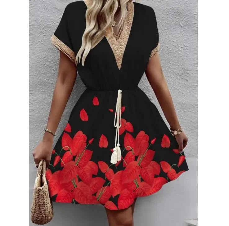 2024 Fashion New Spring and Summer Elegant Printed Short-sleeved Lace V-neck Waist-tight Big Swing Dress