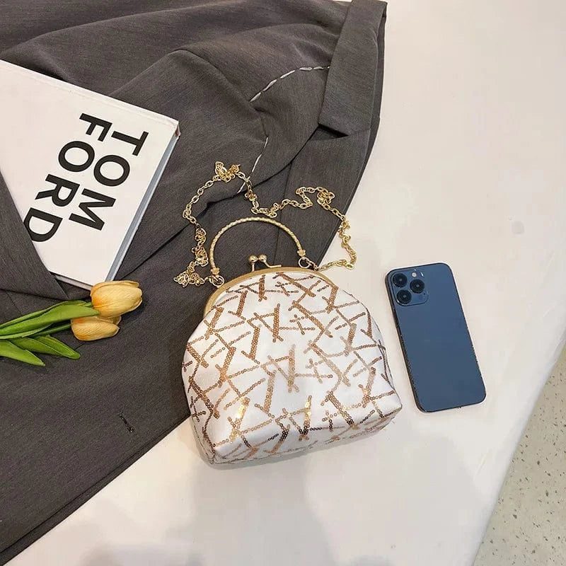 2024 Fashion Sequin Clutch Bag For Women Stylish Elegant Handbag Metal Golden Chain Clip Purse