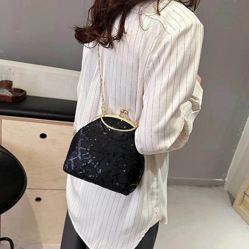 2024 Fashion Sequin Clutch Bag For Women Stylish Elegant Handbag Metal Golden Chain Clip Purse