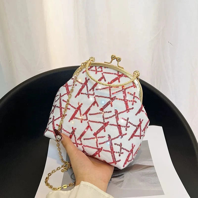 2024 Fashion Sequin Clutch Bag For Women Stylish Elegant Handbag Metal Golden Chain Clip Purse