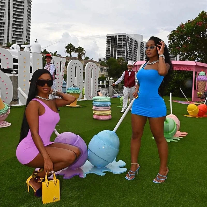 2024 Fashion Summer Sexy Party Bodycon Pussy Outfits One Shoulder Halter Sleeveless Casual Mini Candy Women'S Clothing Dress