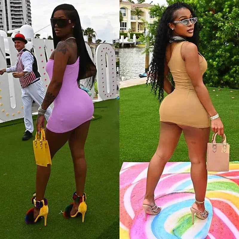 2024 Fashion Summer Sexy Party Bodycon Pussy Outfits One Shoulder Halter Sleeveless Casual Mini Candy Women'S Clothing Dress