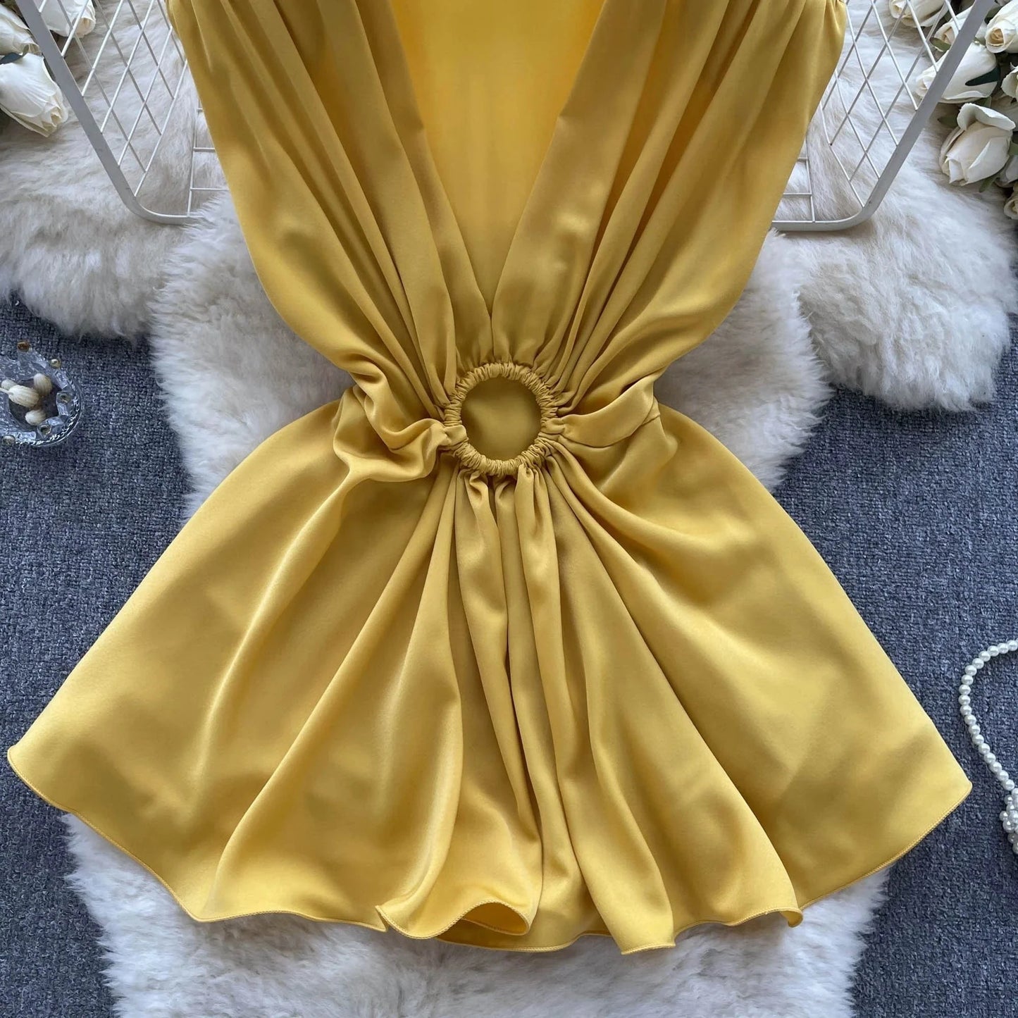 2024 fashion V-neck pleated waistband hollowed out satin top for women summer slim and stylish fishtail shirt