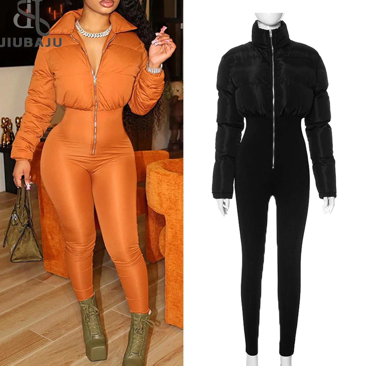 2024 Fashion Women Long Sleeve Puffer Patchwork Winter Jumpsuits Streetwear Lady Bodycon Romper Jumpsuits