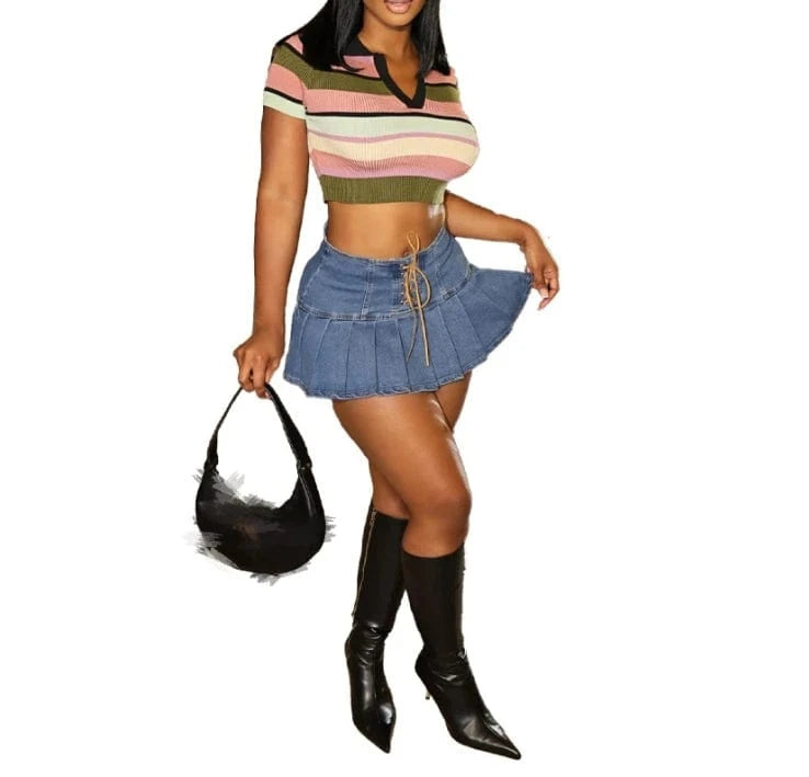 2024 Fashion Women Sexy Blue Denim Pleated Mini Skirts Women Y2k Bodycon High Waist Lace Up Short Skirt