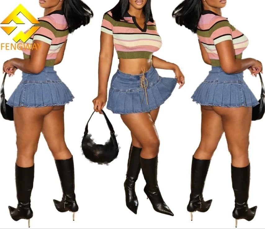 2024 Fashion Women Sexy Blue Denim Pleated Mini Skirts Women Y2k Bodycon High Waist Lace Up Short Skirt