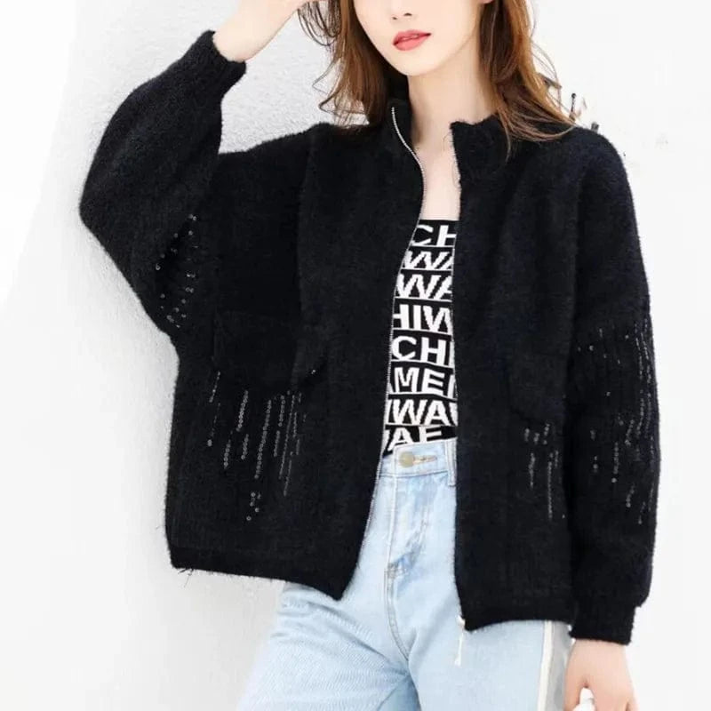2024 Fashionable woman new arrival mock neck long sleeve oversize cardigan sequined thick sweater coat